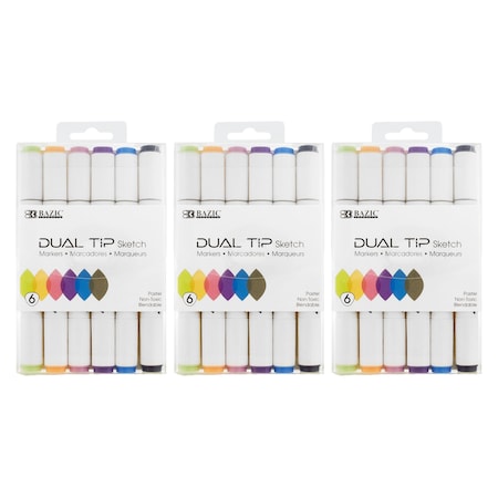 Bazic Products Dual Tip Sketch Markers, 6 Pastel Colors, 18PK 1231